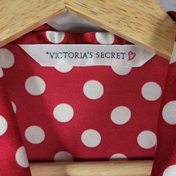 Victoria's Secret Satin Pajama Top Nightshirt Red Small Long Sleeve Dot Button - Picture 5 of 6